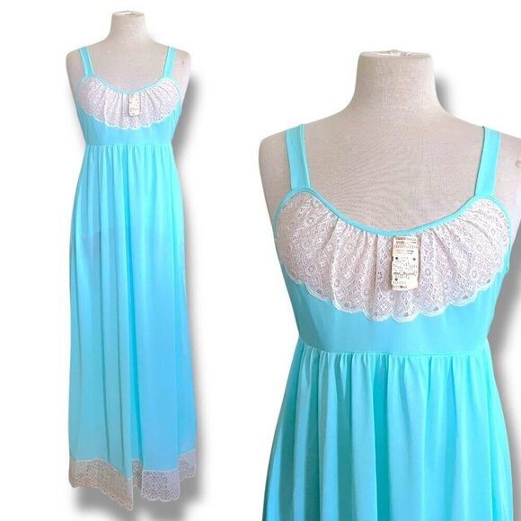 Vintage 1970s Formfit Rogers Womens Nightgown Sz Small Tiffany Blue Nylon Lace